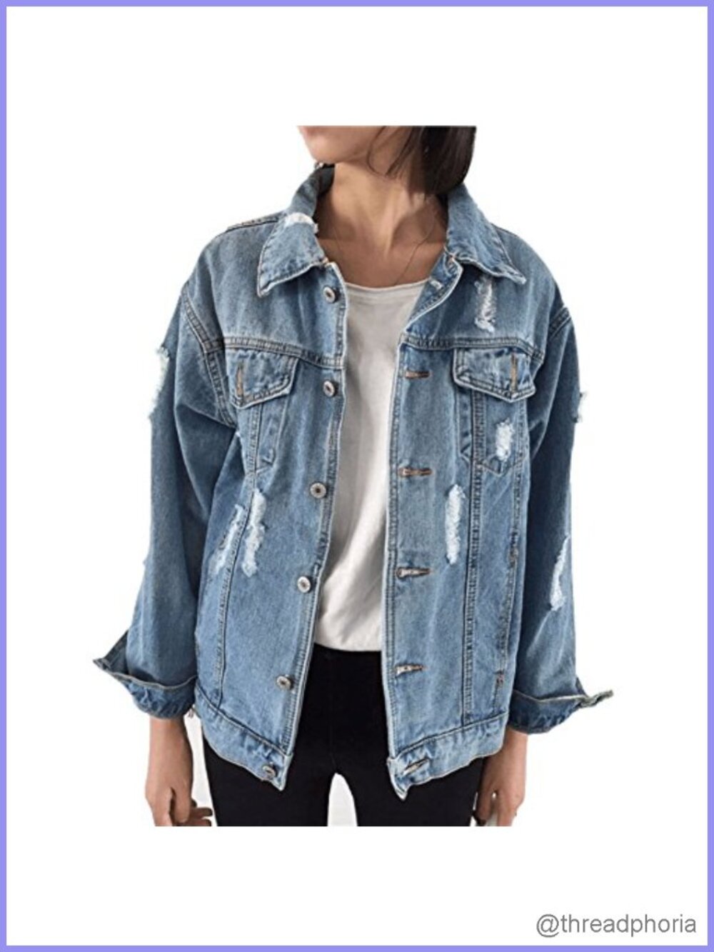 Oversized Distressed Denim Jacket Boyfriend Fit Button Down
